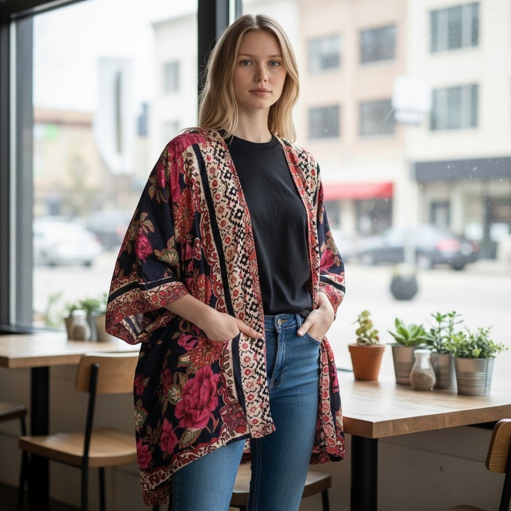 Angie Women Plus Size 3X Kimono Floral Geometric Open Front Wrap Top P9M54/FJ69